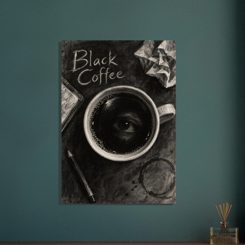 Coffee cup with an eye in its dark surface, ‘Black Coffee’ lettering, a pencil, crumpled paper and a cup stain.