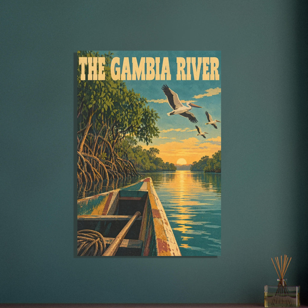 The Gambia River poster with a wooden boat, tree-lined water, flying pelicans and a low golden sun beneath bold lettering.