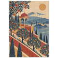 Terraced fruit gardens and a red-domed pavilion beside blue water, with cypress trees, distant mountains and a golden sun.