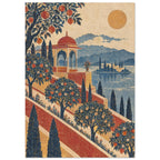 Terraced fruit gardens and a red-domed pavilion beside blue water, with cypress trees, distant mountains and a golden sun.