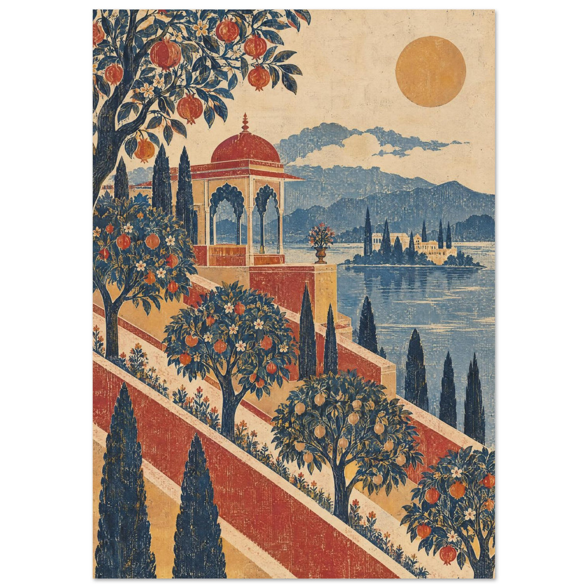 Terraced fruit gardens and a red-domed pavilion beside blue water, with cypress trees, distant mountains and a golden sun.