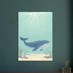 Blue whale swimming through pale aqua water above a sandy seabed with rocks and sea plants, beneath sunlit ripples.