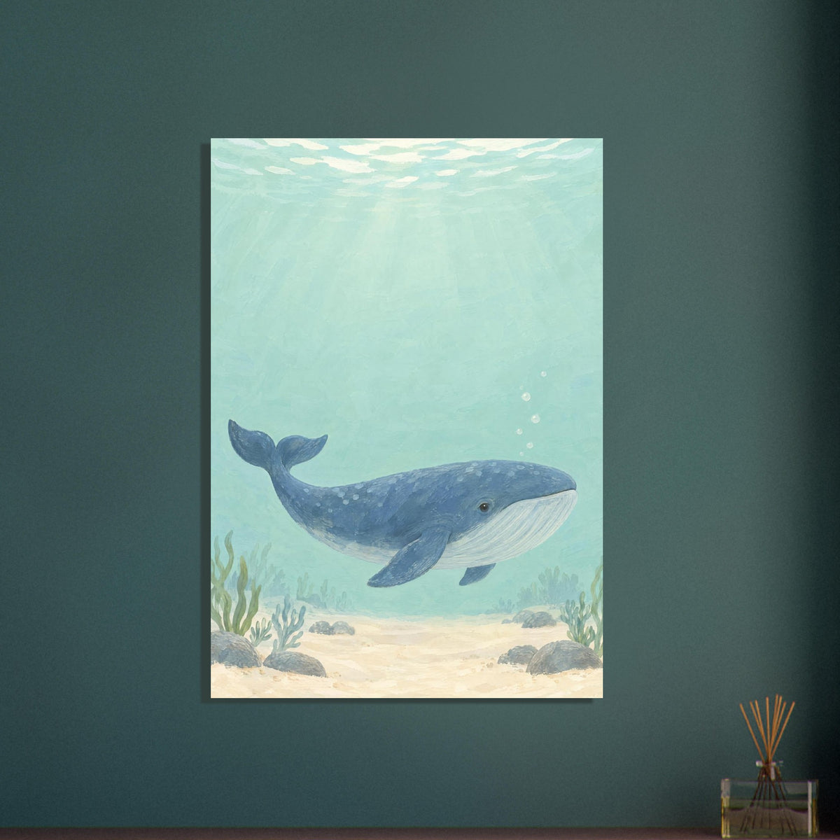 Blue whale swimming through pale aqua water above a sandy seabed with rocks and sea plants, beneath sunlit ripples.