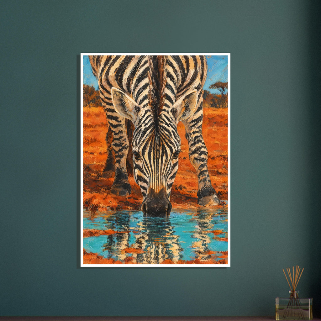 Zebra bending to drink from turquoise water, with its striped reflection below and orange earth behind.