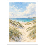 Sand dunes with grasses and footprints leading to turquoise waves beneath a blue sky with soft white clouds.