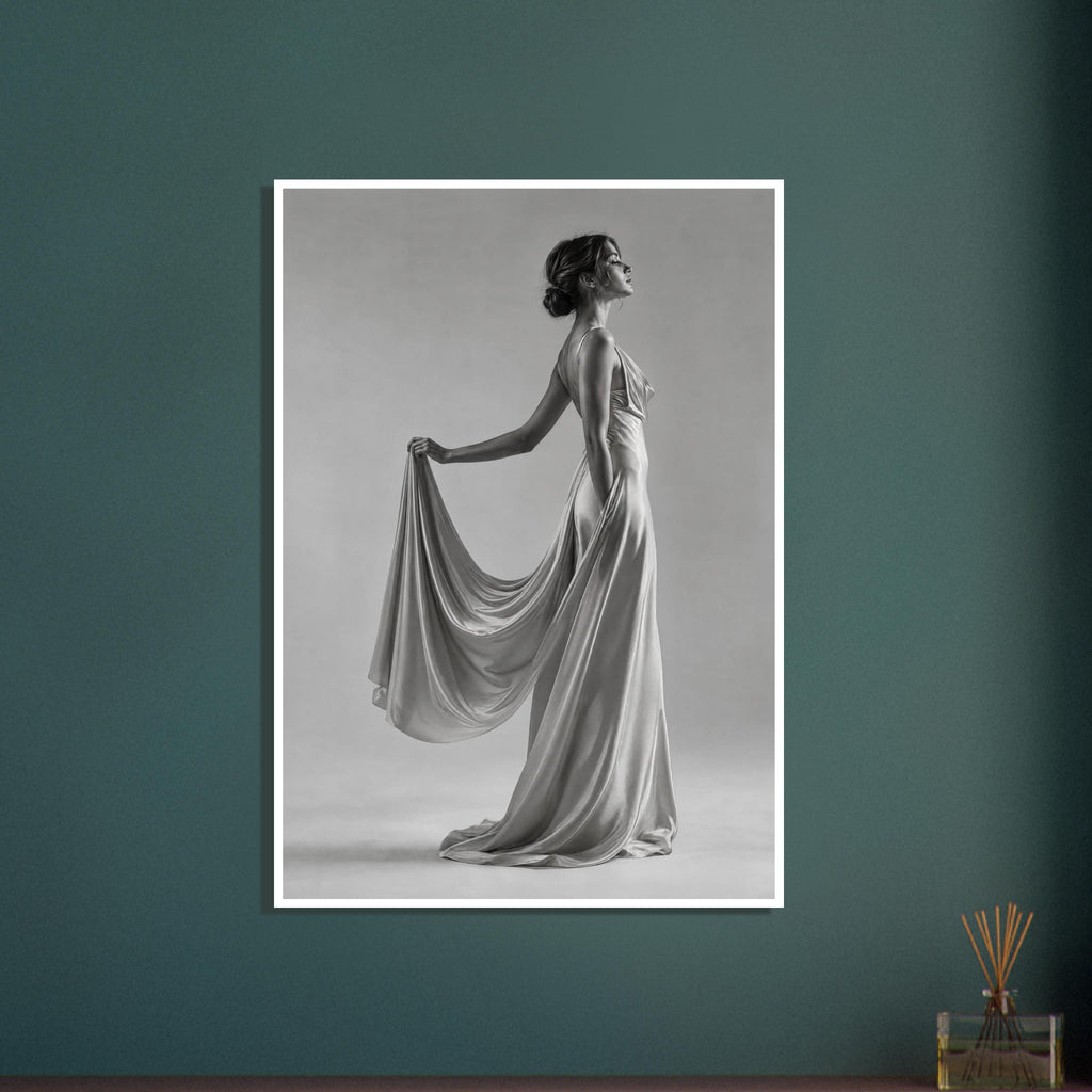 Woman in profile wearing a floor-length gown, holding draped fabric behind her against a plain grey background.