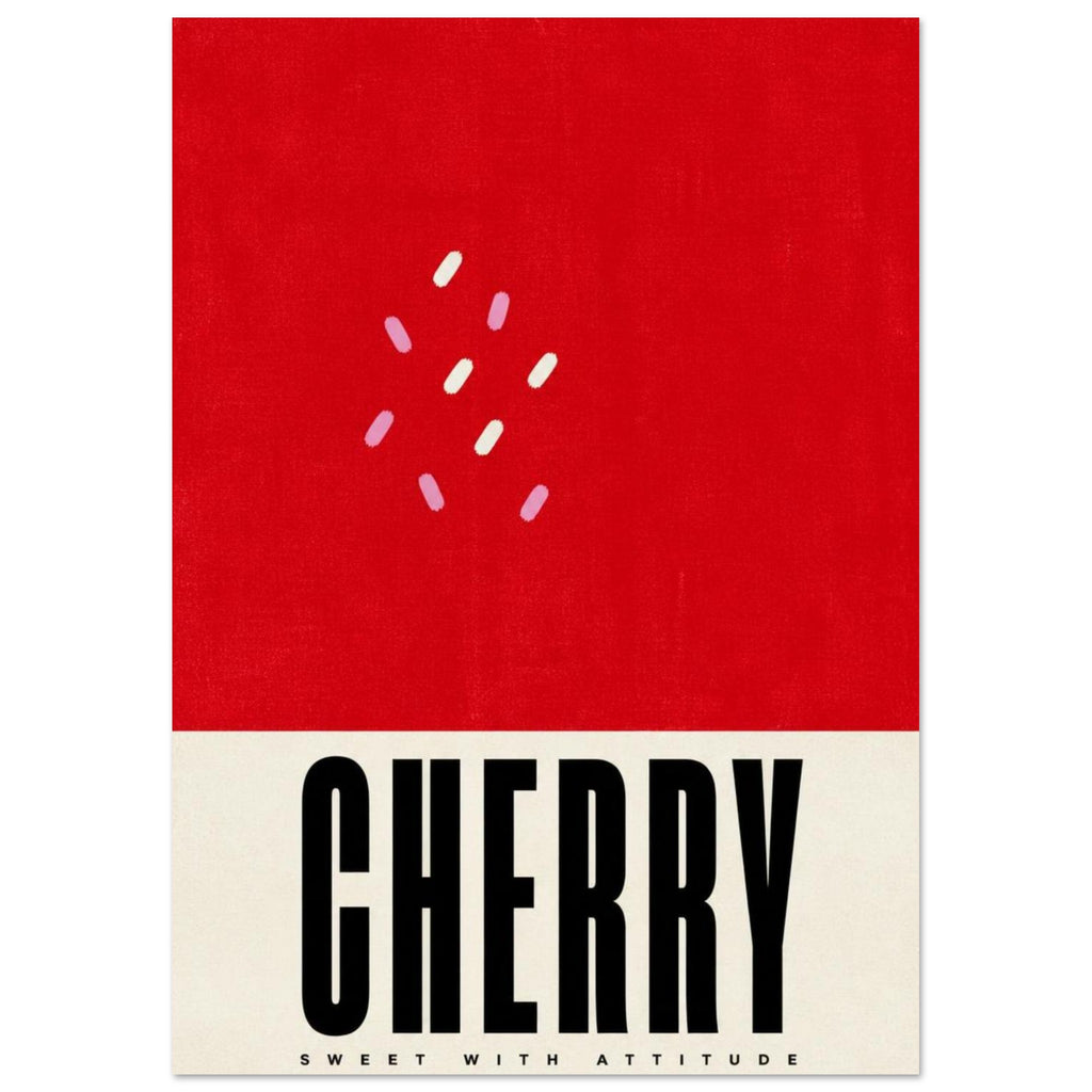 Cherry lettering in black on a cream band beneath a red field with pink and cream marks; small text reads Sweet With Attitude