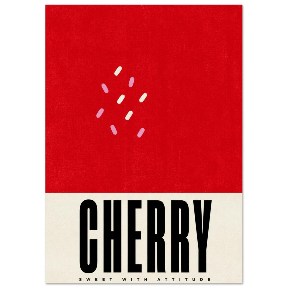 Cherry lettering in black on a cream band beneath a red field with pink and cream marks; small text reads Sweet With Attitude