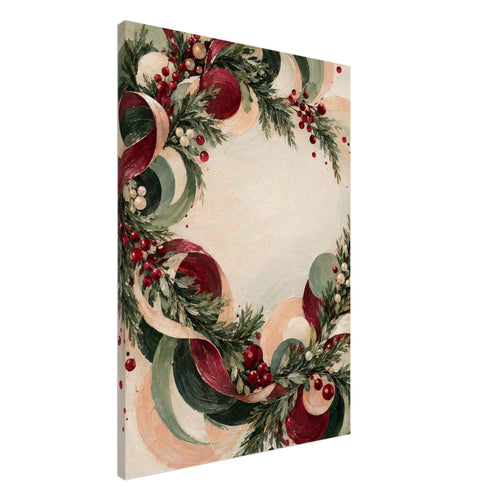 Christmas wreath of evergreen branches, red berries and sweeping burgundy, green and peach curls on a cream background.