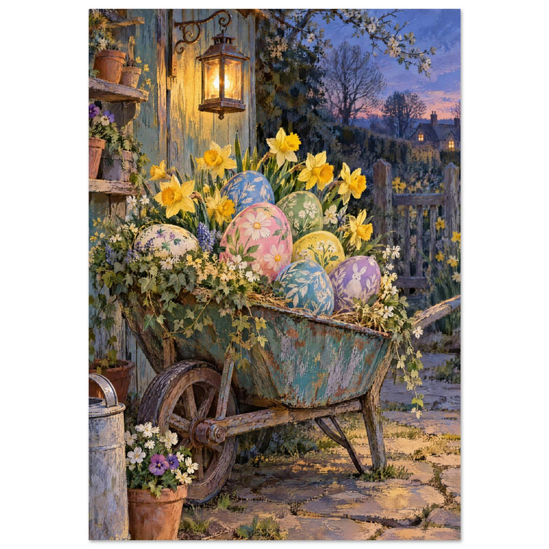 Påskägg i skottkärra – blommig påskposter