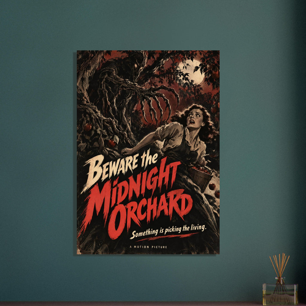 Claw-like tree reaches towards a frightened woman beneath a full moon, with red ‘Beware the Midnight Orchard’ lettering.