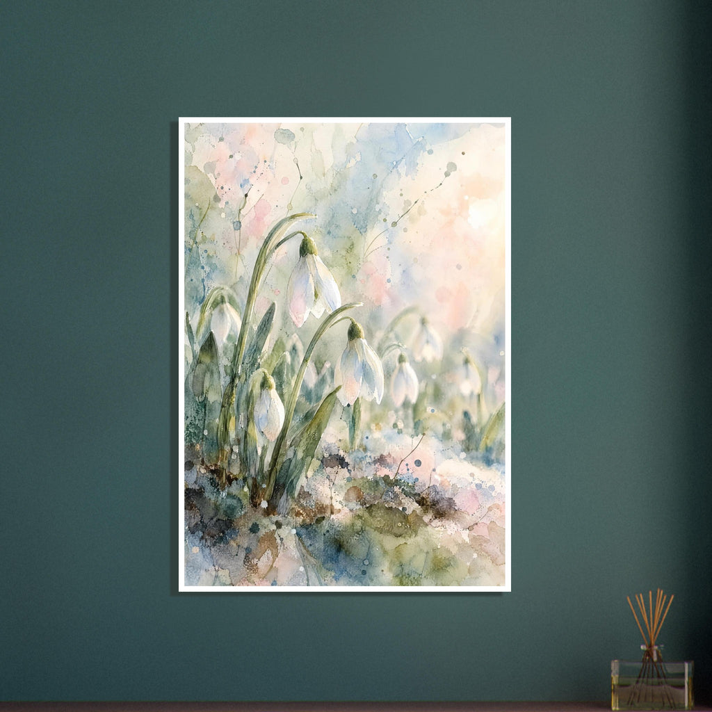 White snowdrops on curved green stems against loose watercolour washes of pale blue, pink and cream.