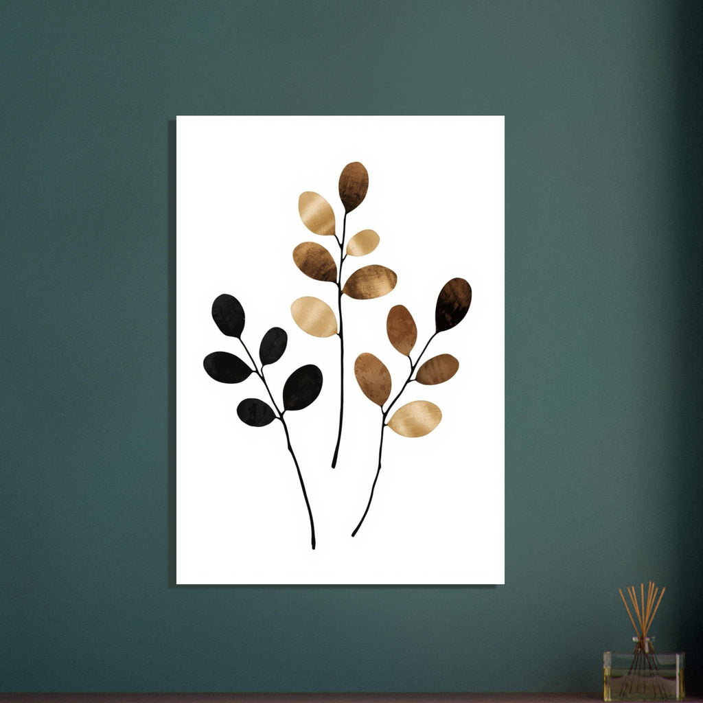 Three slender black branches with rounded, textured leaves in tan, brown and black against a white background.