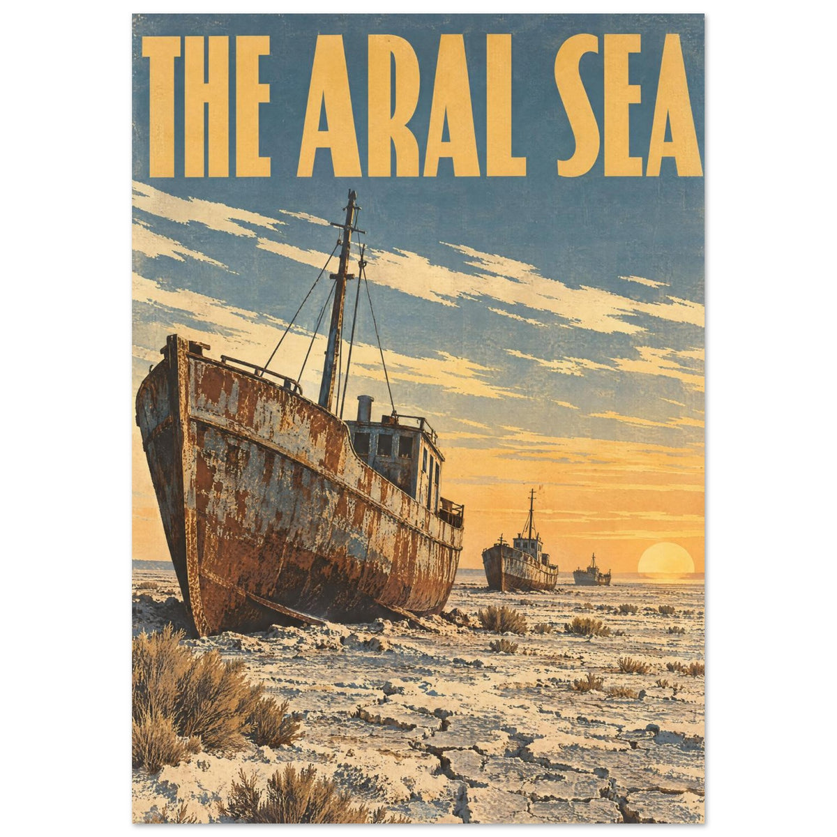Rusted boats on cracked dry ground beneath a blue and gold sunset sky, with large yellow lettering reading 'The Aral Sea'.