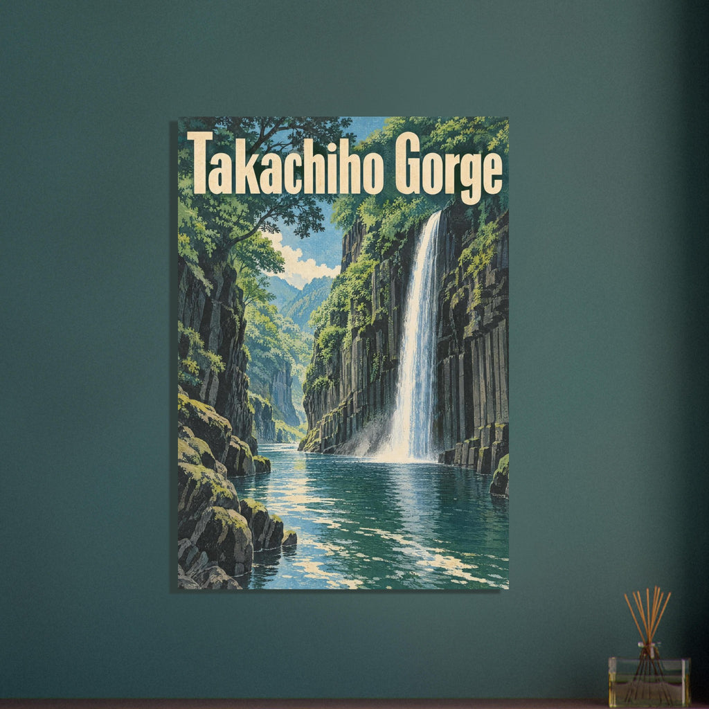 Takachiho Gorge travel poster with cream lettering, a tall waterfall, dark cliffs, green trees and teal water.
