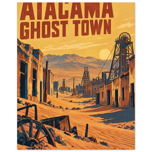 Atacama Ghost Town lettering above a sandy street, ruined buildings and mining towers, with mountains beneath a golden sky.