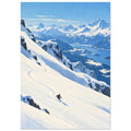 Lone skier carving tracks down a snowy slope above a blue lake, forested valleys and distant snow-covered mountains.
