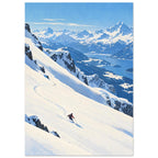 Lone skier carving tracks down a snowy slope above a blue lake, forested valleys and distant snow-covered mountains.