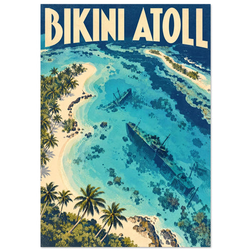 Bikini Atoll poster with cream lettering above turquoise lagoon waters, submerged shipwrecks and palm-lined sandy islands.
