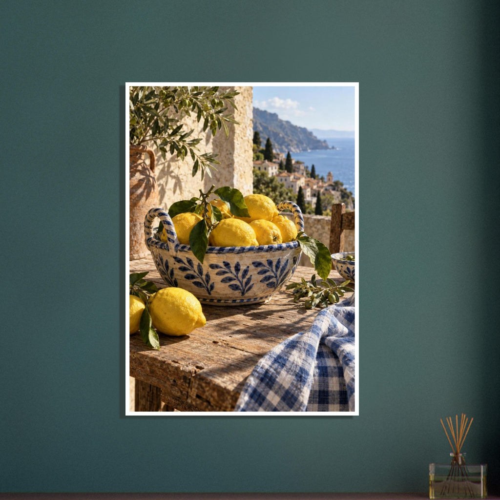 Lemons in a blue-and-cream ceramic bowl on a rustic table, with olive branches, checked cloth and a coastal view.