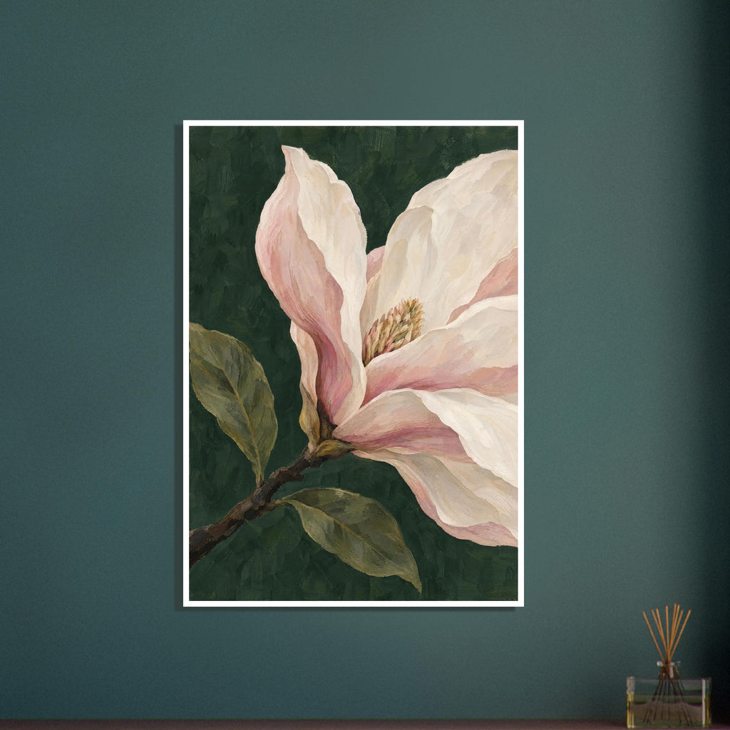 Magnolia blossom with cream and pink petals, olive-green leaves and a brown branch against a dark green painted background.