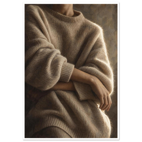 Cashmere and Quiet, a close crop of crossed forearms over a voluminous cream jumper, with warm taupe shadows and a softly lit