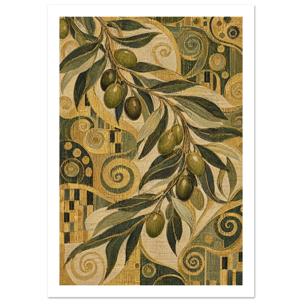 Olive-laden branch with long green leaves over a textured gold, cream and dark green pattern of spirals and circles.