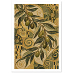 Olive-laden branch with long green leaves over a textured gold, cream and dark green pattern of spirals and circles.