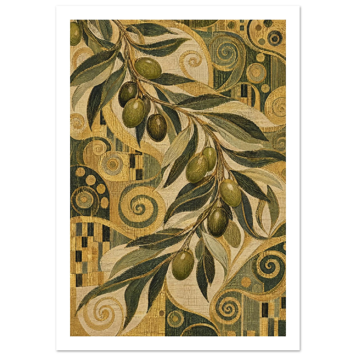 Olive-laden branch with long green leaves over a textured gold, cream and dark green pattern of spirals and circles.