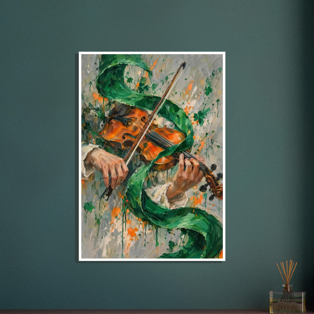 Violin played by two hands, with a diagonal bow and curling green ribbon against a grey, paint-splattered background.