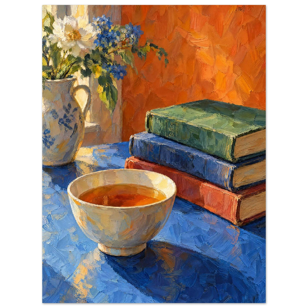 Bowl of tea beside stacked books and a jug of white and blue flowers on a blue table against an orange background.