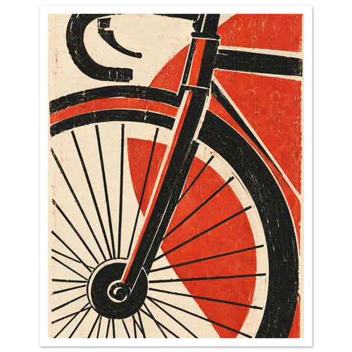 Bicycle front wheel, fork and drop handlebar in black against red geometric shapes and a distressed cream background.