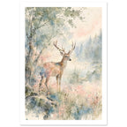 Antlered deer beside a tree and water, with misty conifers and loose watercolour washes of green, blue and pink.