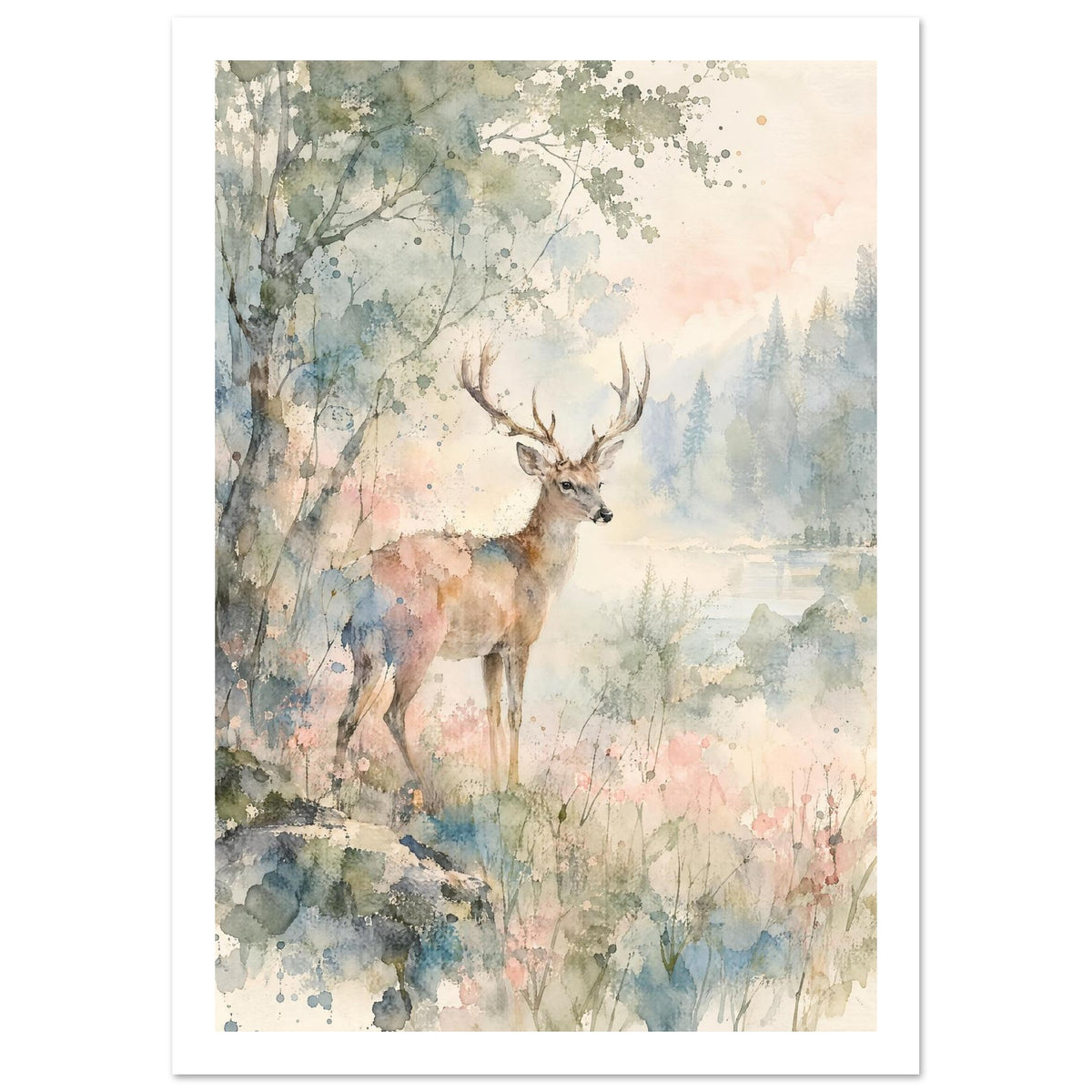 Antlered deer beside a tree and water, with misty conifers and loose watercolour washes of green, blue and pink.