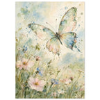 Pastel butterfly with spread wings above pink, blue and white wildflowers in soft green and blue watercolour washes.