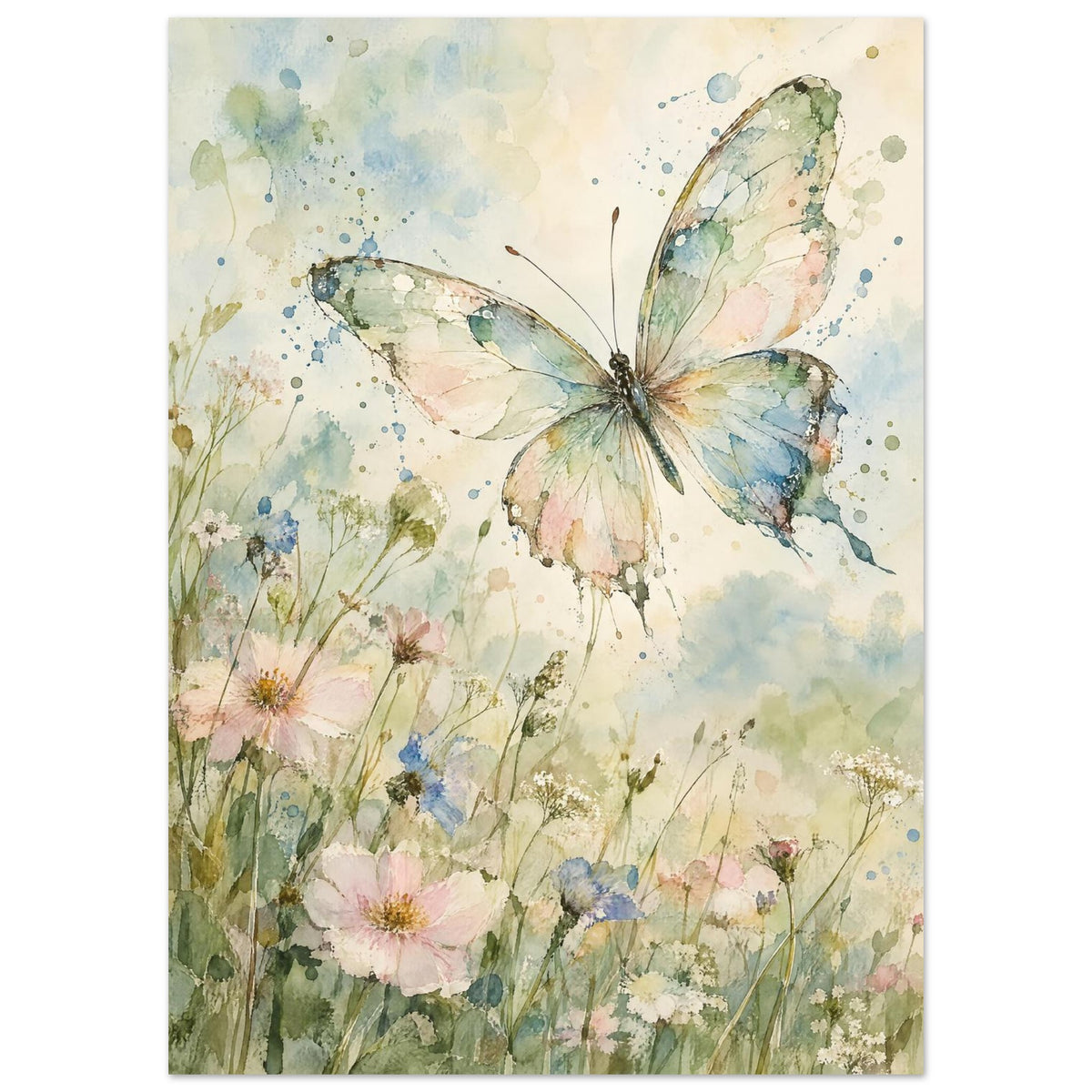 Pastel butterfly with spread wings above pink, blue and white wildflowers in soft green and blue watercolour washes.