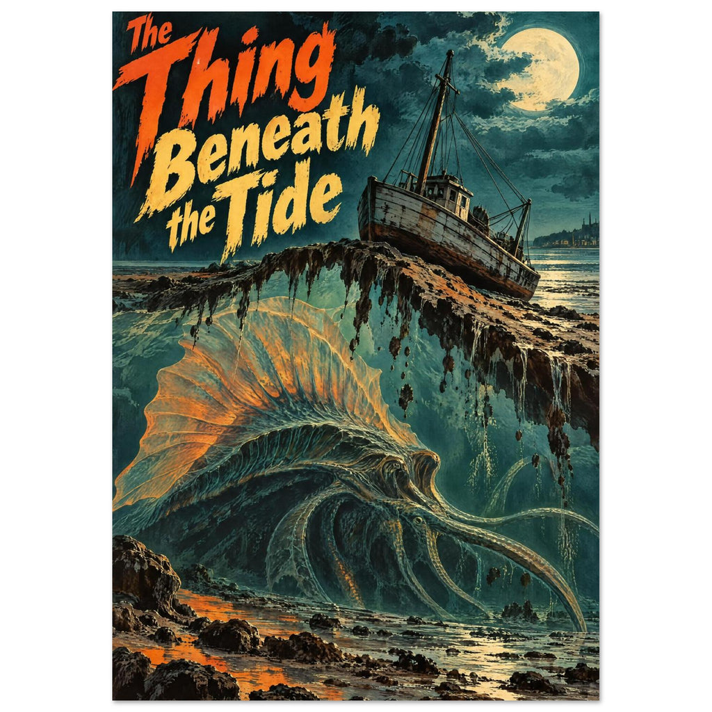 Tentacled sea monster beneath a rocky ledge and boat, with a full moon and lettering reading ‘The Thing Beneath the Tide’.