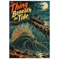 Tentacled sea monster beneath a rocky ledge and boat, with a full moon and lettering reading ‘The Thing Beneath the Tide’.