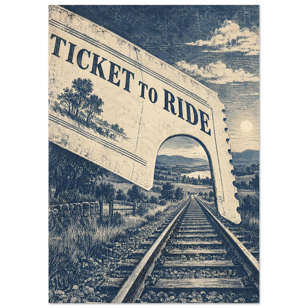 Oversized cream ticket reading “Ticket to Ride” above railway tracks through countryside, illustrated in distressed navy.
