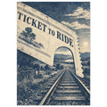 Oversized cream ticket reading “Ticket to Ride” above railway tracks through countryside, illustrated in distressed navy.