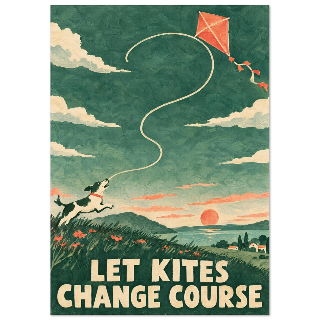 Dog leaping beneath a coral kite over a green hillside at sunset, with cream text reading ‘LET KITES CHANGE COURSE’.