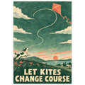 Dog leaping beneath a coral kite over a green hillside at sunset, with cream text reading ‘LET KITES CHANGE COURSE’.