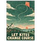Dog leaping beneath a coral kite over a green hillside at sunset, with cream text reading ‘LET KITES CHANGE COURSE’.