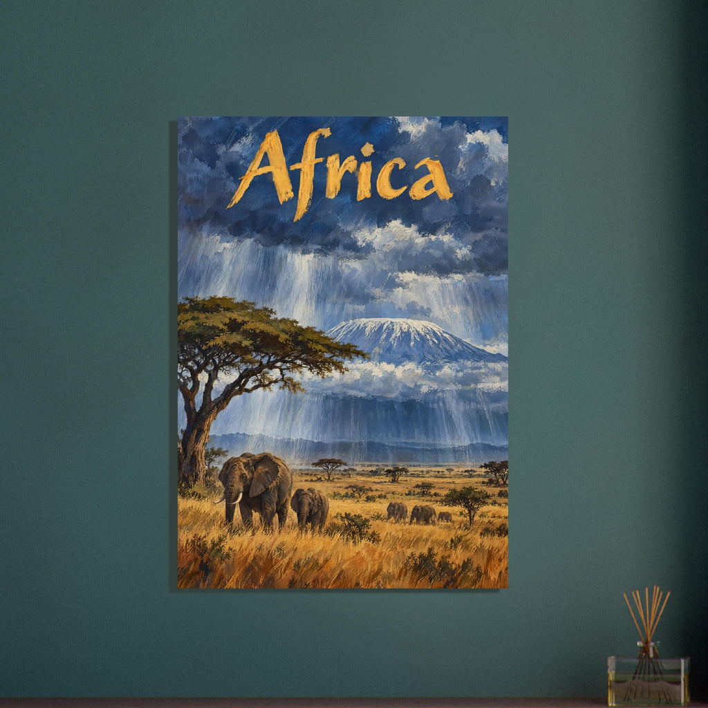 Elephants in golden grassland beneath a tree, with a snowy mountain, blue rain clouds and ochre Africa lettering above.