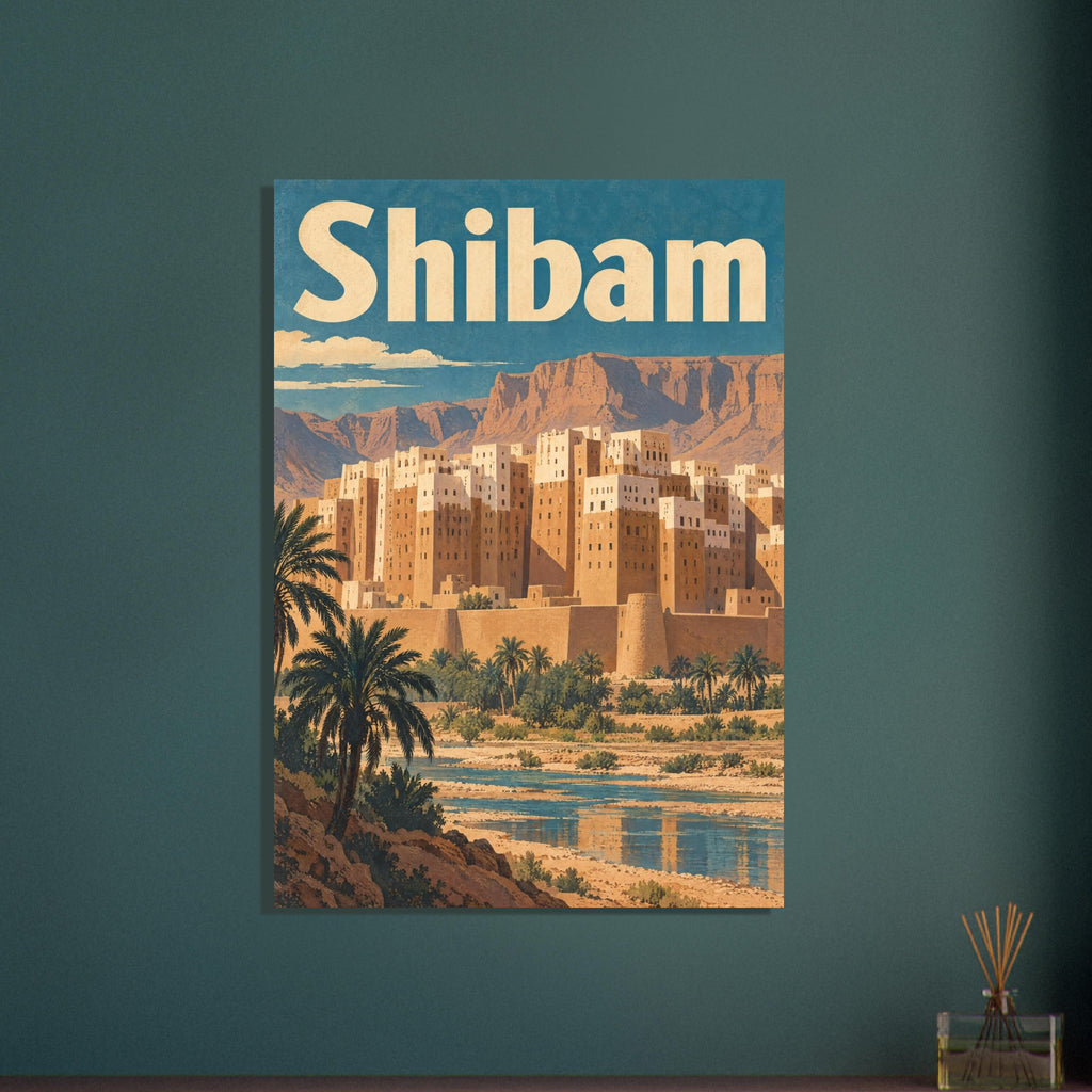 Shibam skyline with sandy tower buildings, cliffs, palms and reflective water beneath a teal sky and large cream lettering.