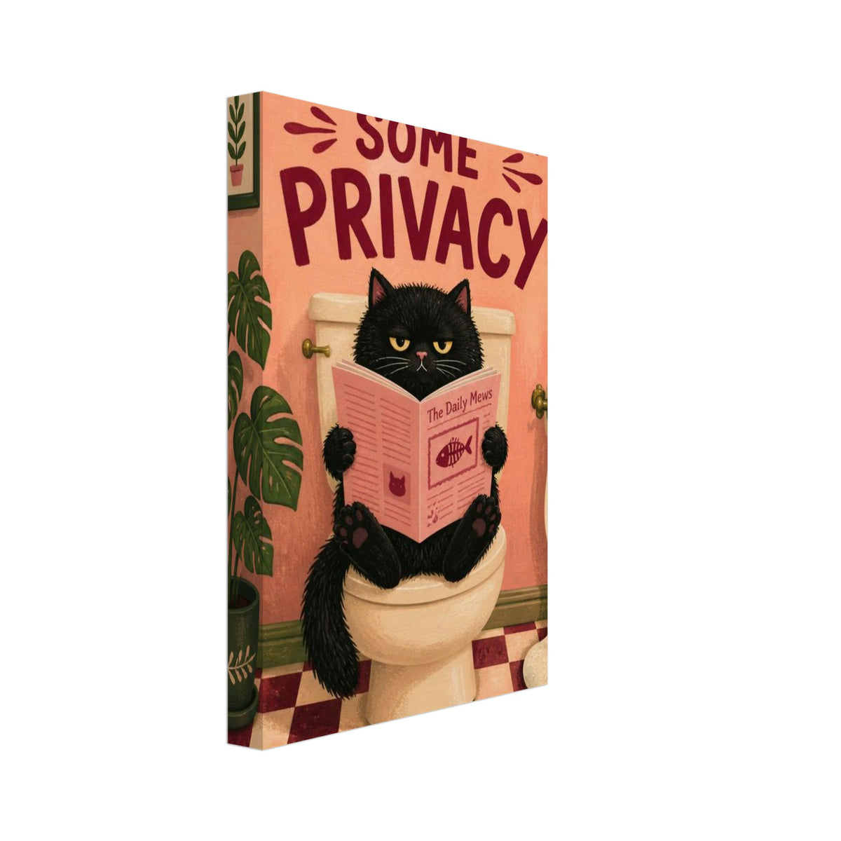 Black cat reading a newspaper on a toilet beneath ‘PLEASE, SOME PRIVACY’, with plants and a peach bathroom backdrop.