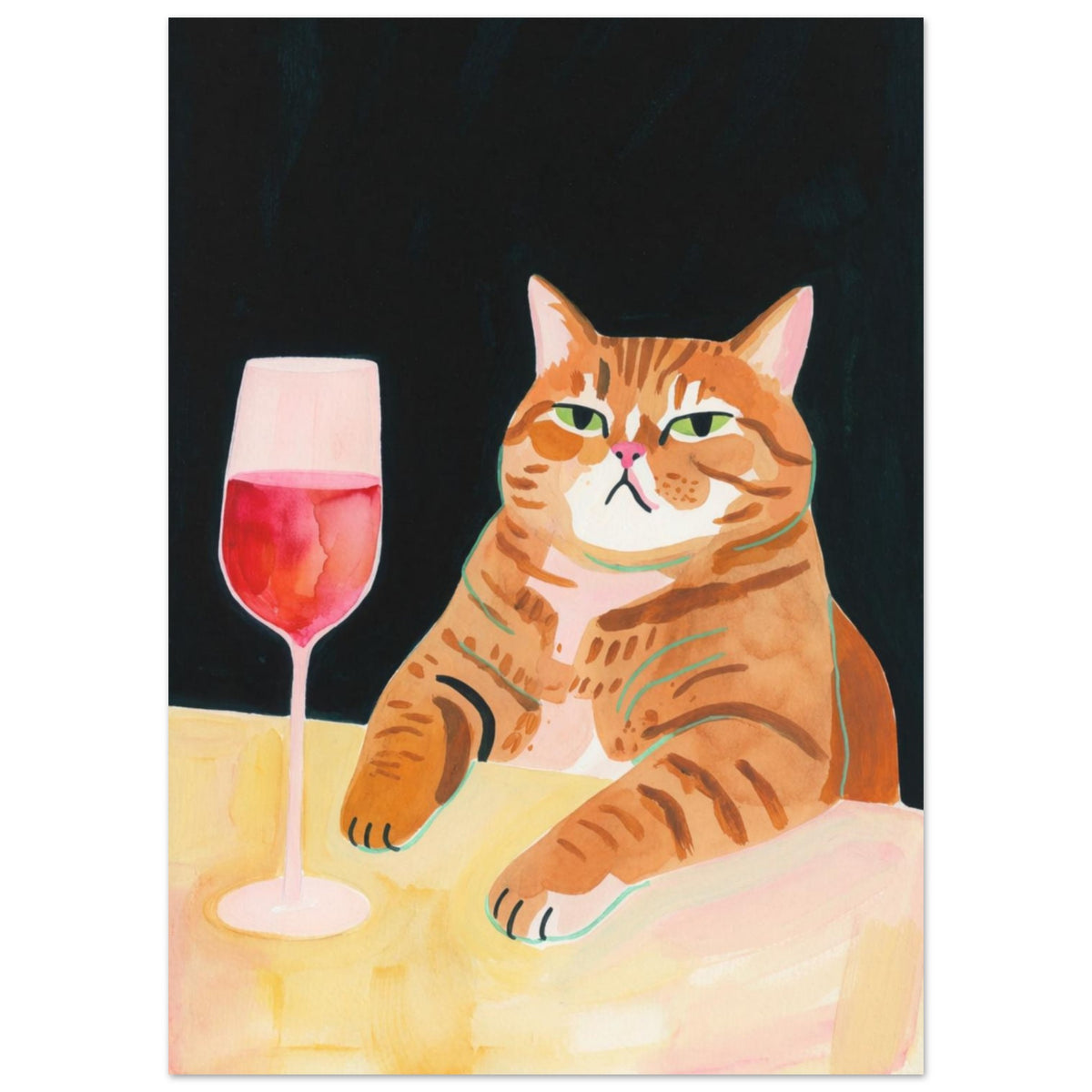 Ginger tabby with green eyes resting its paws on a yellow table beside a glass of pink-red wine against a dark background.