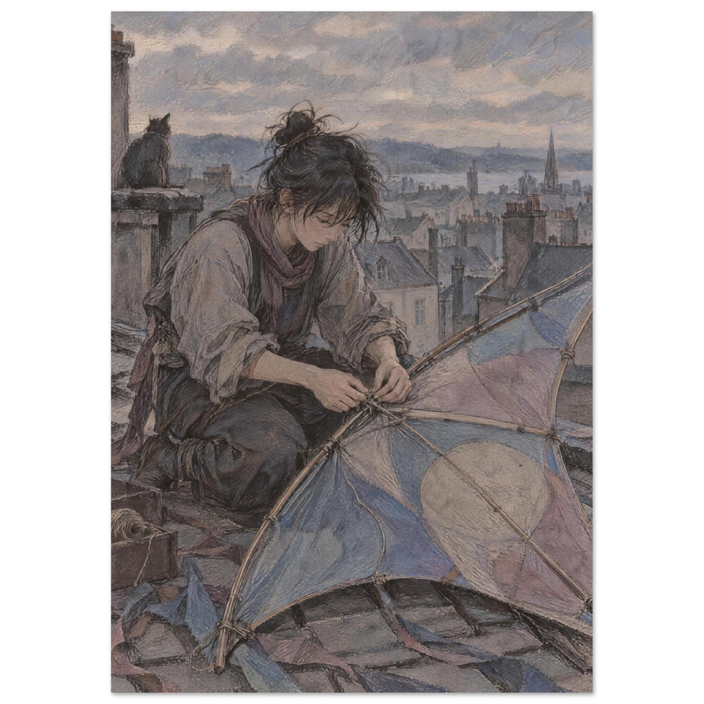 Seated figure mending a blue and beige patchwork kite on a rooftop, with a cat, chimneys and a cloudy sky behind.