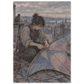 Seated figure mending a blue and beige patchwork kite on a rooftop, with a cat, chimneys and a cloudy sky behind.