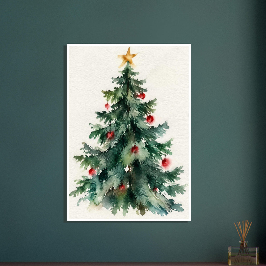 Watercolour Christmas tree with green branches, red baubles and a golden star on a textured cream background.